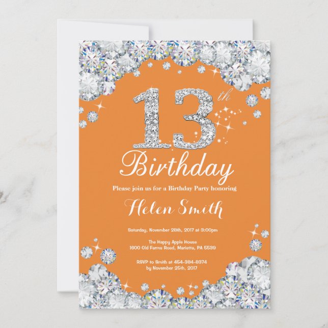Invitation 13e anniversaire Orange et Diamant d'argent (Devant)