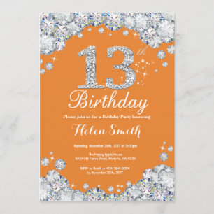 Invitation 13e anniversaire Orange et Diamant d'argent