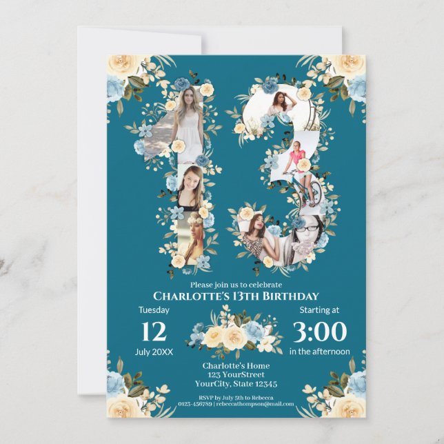 Invitation 13e anniversaire Photo Collage Turquoise Fleur Jau (Devant)