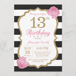 Invitation 13e anniversaire Pink Black Gold Floral