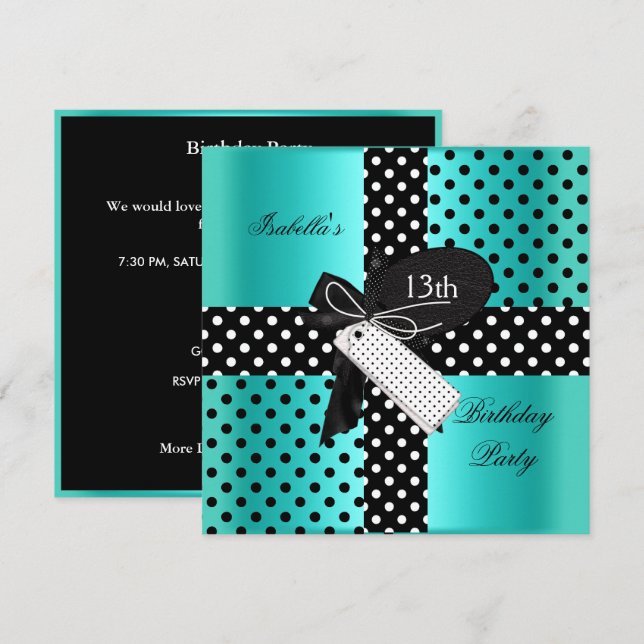 Invitation 13e Anniversaire Polka Dot Bleu Sarcelle Noir Blan (Devant / Derrière)