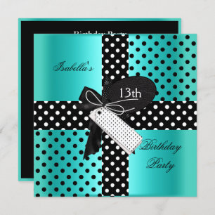 Invitation 13e anniversaire Polka point Turquoise bleu noir b