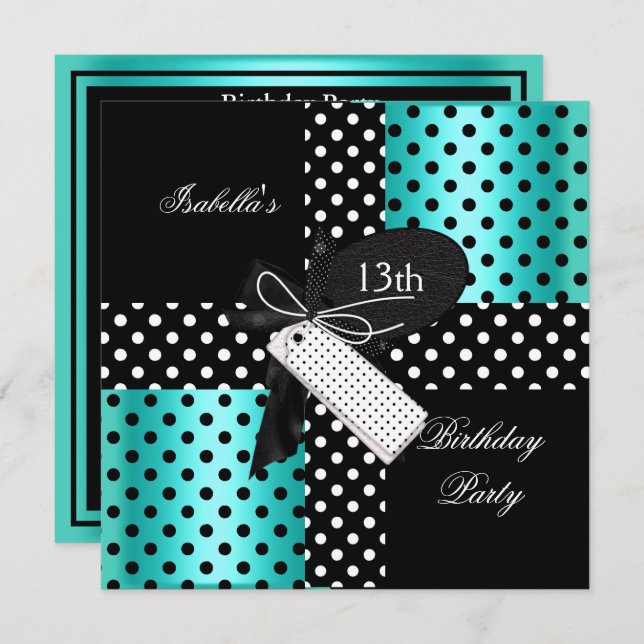 Invitation 13e anniversaire Polka point Turquoise bleu noir b (Devant / Derrière)