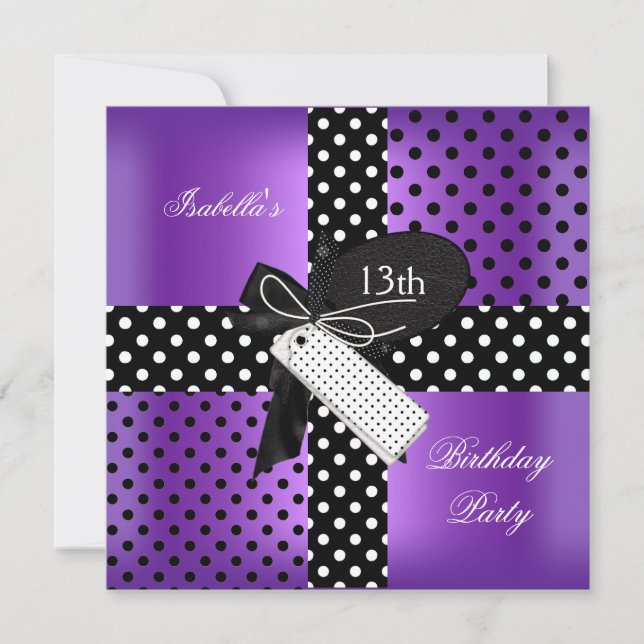 Invitation 13e anniversaire Polka point violet noir blanc noi (Devant)