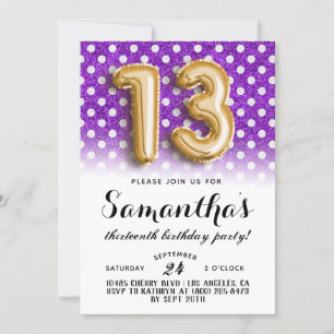 Invitation 13e anniversaire Polkadot Parties scintillant Invi