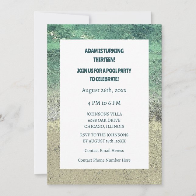 Invitation 13e anniversaire Pool Party Eau Art Abstrait Perso (Devant)