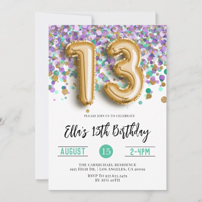 Invitation 13e anniversaire Purple Turquoise Confetti (Devant)