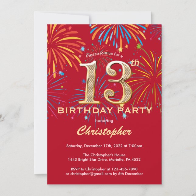 Invitation 13e anniversaire Red and Gold Rainbow Fireworks (Devant)