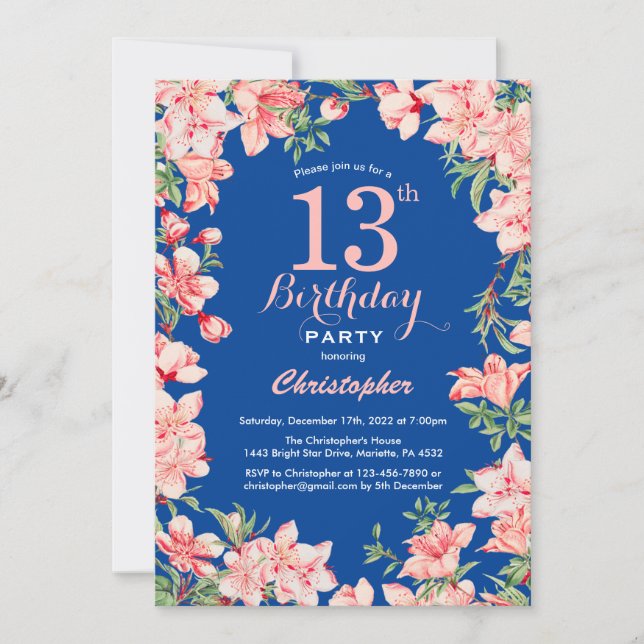 Invitation 13e anniversaire rose fleurs florales bleu (Devant)
