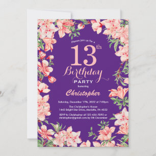 Invitation 13e anniversaire rose fleurs florales violet viole