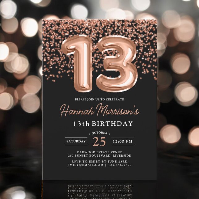 Invitation 13e anniversaire Rose Gold Black Balloons Party (Créateur téléchargé)
