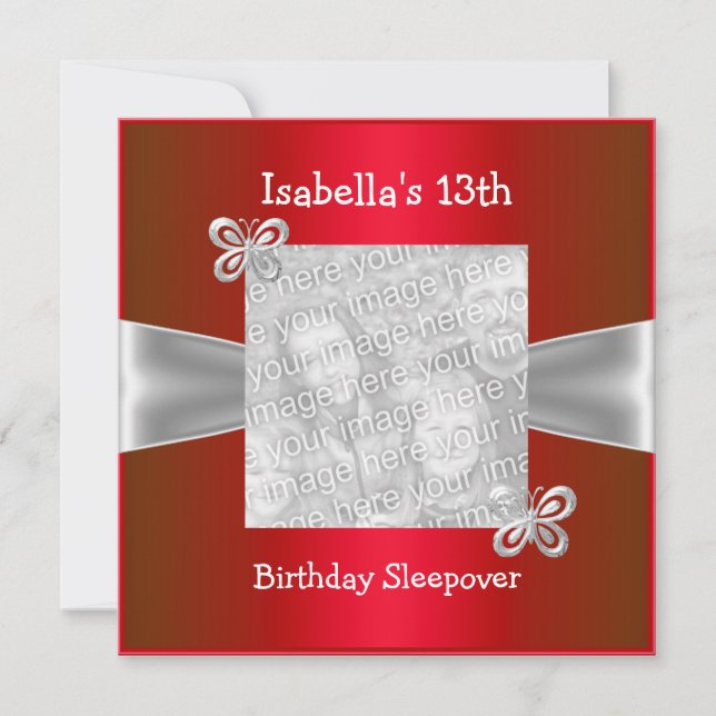 Invitation 13e anniversaire Sleepover Papillon photo Rouge (Devant)