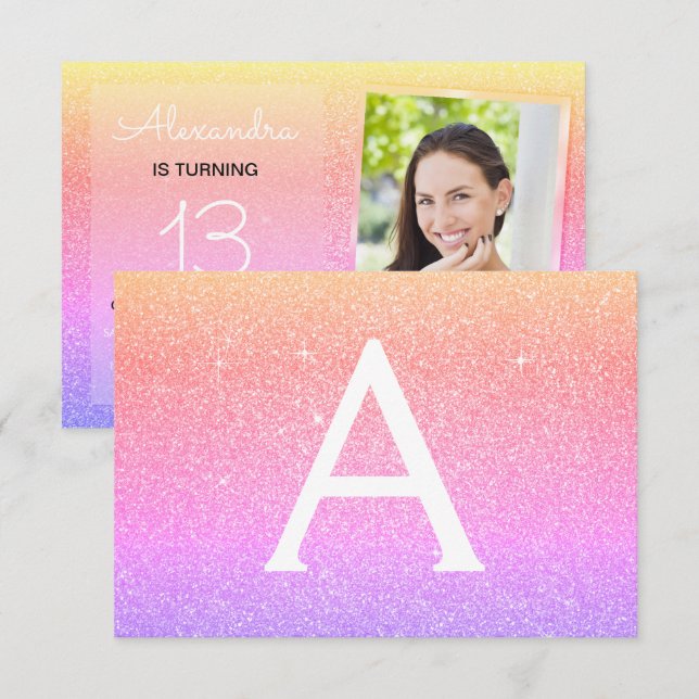 Invitation 13e anniversaire Sparkle Rainbow Photo (Devant / Derrière)
