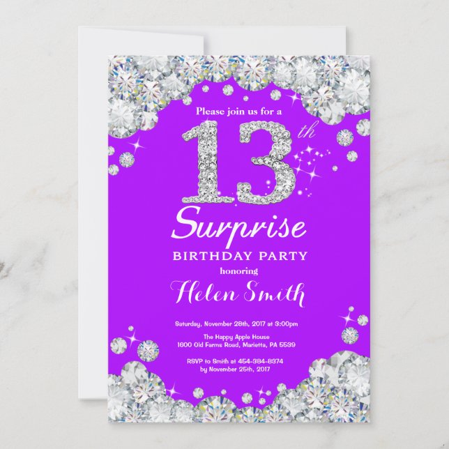 Invitation 13e anniversaire surprise Diamant mauve et argent (Devant)