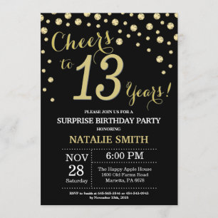 Invitation 13e anniversaire surprise Diamant noir et or