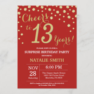 Invitation 13e anniversaire surprise Diamant rouge et or