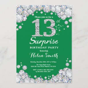 Invitation 13e anniversaire surprise Diamant vert et argent
