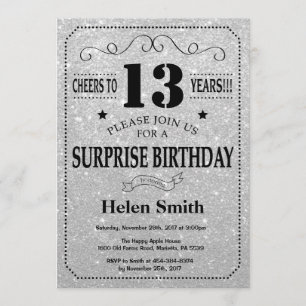 Invitation 13e anniversaire surprise Parties scintillant noir