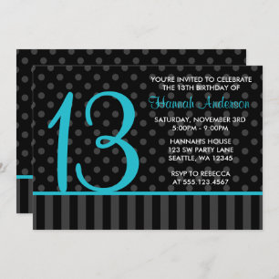 Invitation 13e anniversaire Turquoise bleu noir Polka points