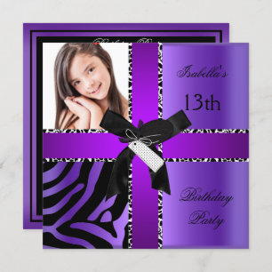 Invitation 13e anniversaire Zebra Cow violet noir blanc