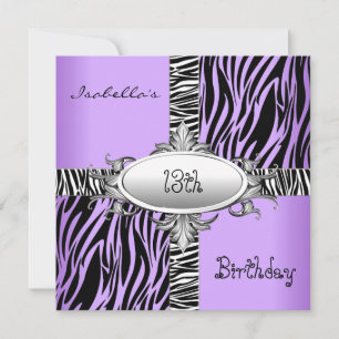 Invitation 13e anniversaire Zèbre Sauvage Violet Animal Noir