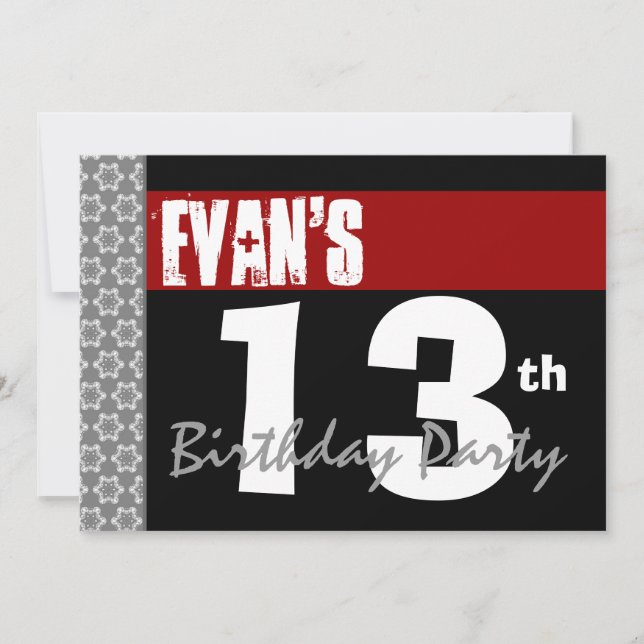 Invitation 13e fête d'anniversaire moderne rouge noir et blan (Devant)