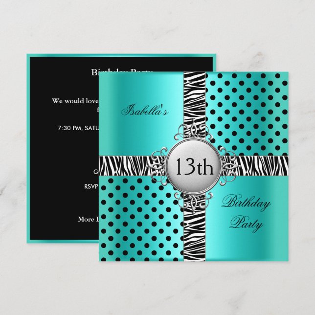 Invitation 13e fête d'anniversaire Teal Bleu Noir Zèbre (Devant / Derrière)