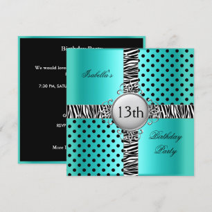 Invitation 13e fête d'anniversaire Teal Bleu Noir Zèbre
