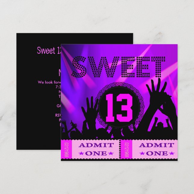 Invitation 13e Sweet 13 Anniversaire Billets Fun (Devant / Derrière)