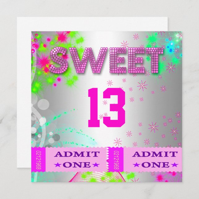 Invitation 13e Sweet 13 Anniversaire Billets Fun (Devant / Derrière)