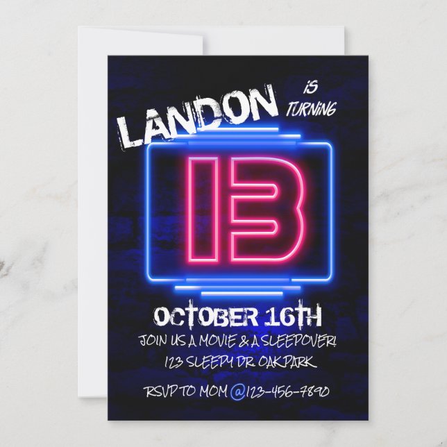 INVITATION 13ÈME ANNIVERSAIRE, FÊTE D'ADO, NEON, FÊTE FLUO (Devant)