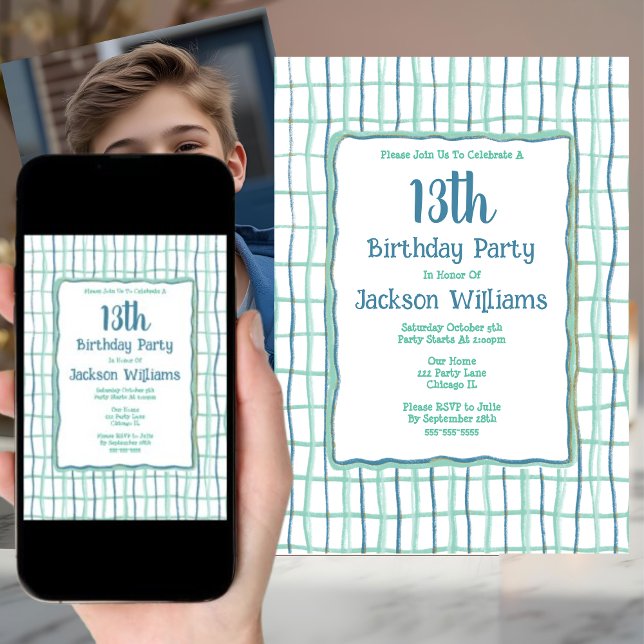 Invitation 13ème anniversaire main de fête tiré bleu vert uni (Créateur téléchargé)