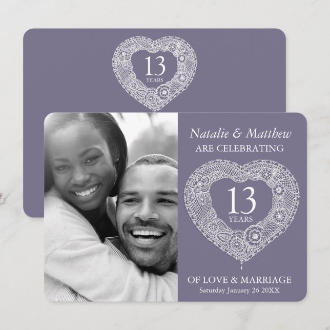 Invitation 13ème dentelle mariage Anniversaire gris blanc (Devant / Derrière)