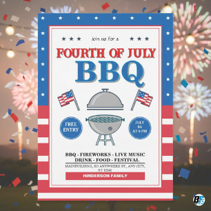 Invitation 14 juillet, fête de barbecue avec feux d'artifice 