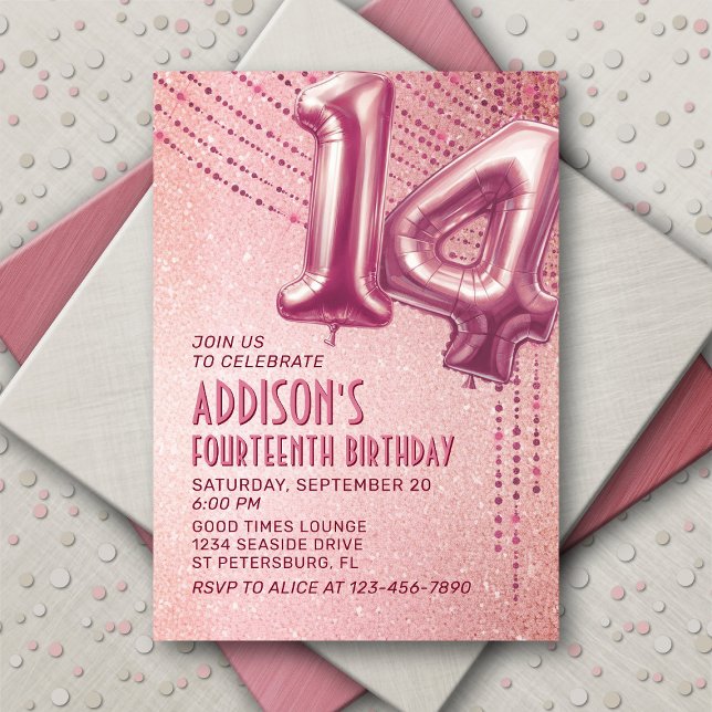 Invitation 14e anniversaire Ado fille Rose or (Créateur téléchargé)