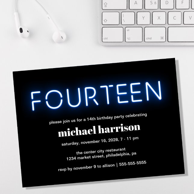 Invitation 14e anniversaire fête Lumières de néon bleu (Créateur téléchargé)