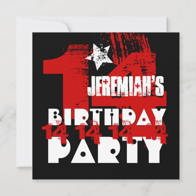 Invitation 14e Anniversaire Grunge ROUGE et NOIR Z14A1 (Devant)