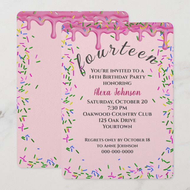 Invitation 14e Anniversaire Pink Icing Et Sprinkles (Devant / Derrière)