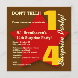 Invitation 14e SURPRISE Birthday Party BROWN RED Star S06