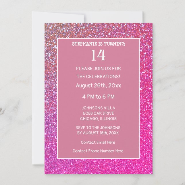 Invitation 14th Birthday Pink Rose Gold Glitter Fourteen Cute (Devant)