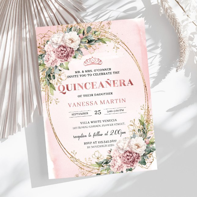 Invitation 15 Ans Floral Rose avec Eucalyptus Vert (Sparkling Blush Pink Flowers Eucalyptus 15th Birthday Invite

)