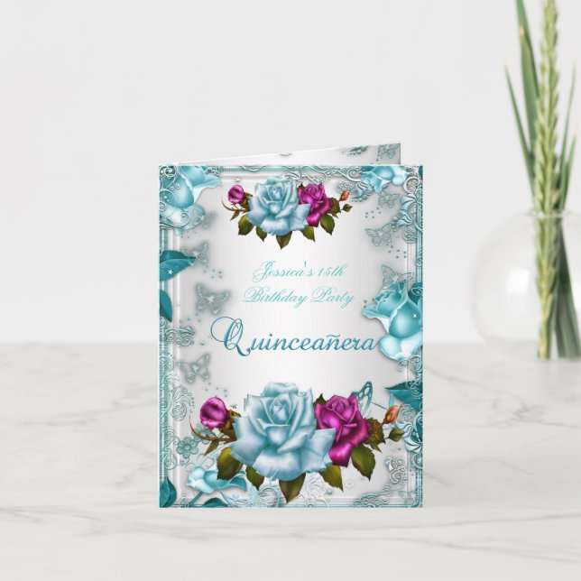 Invitation 15 ans Quinceanera Bleu sarcelle Blanc  (Devant)