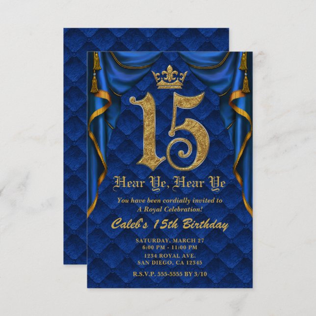 Invitation 15E 15 Anniversaire Royal Blue Gold Crown (Devant / Derrière)