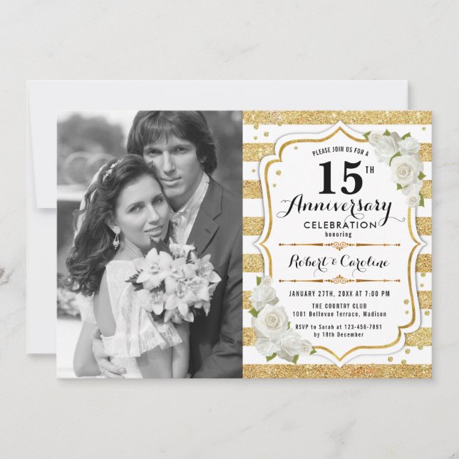 Invitation 15e anniversaire avec photo - Or Blanc (Devant)