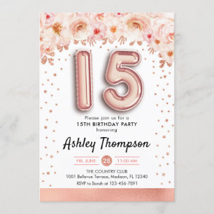 Invitation 15e anniversaire - Ballons d'or Rose
