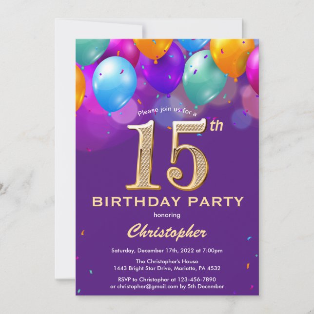 Invitation 15e anniversaire Ballons violets et dorés (Devant)