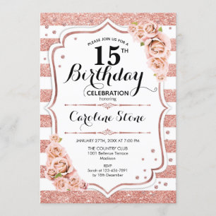 Invitation 15e anniversaire - Bandes blanches d'or Rose