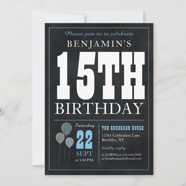 Invitation 15e anniversaire Chalkboard Blue Balloon Rustic Ch (Devant)