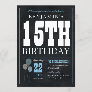 Invitation 15e anniversaire Chalkboard Blue Balloon Rustic Ch
