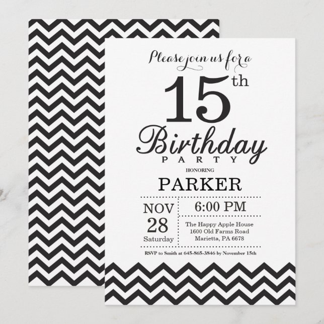 Invitation 15e anniversaire Chevron noir et blanc (Devant / Derrière)